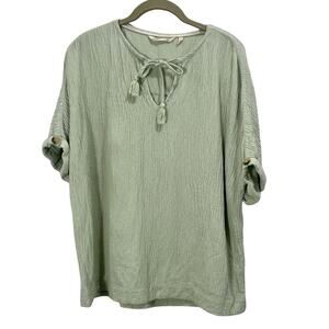 Soft Surroundings Women’s Large Boho Tunic Blouse Sage Green Tassle Short Sleeve